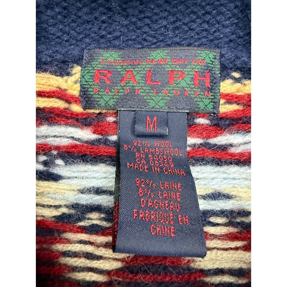 Vintage Ralph Lauren Hand Knit Fair Isle Hoodie Womens M Navy Wool Sweater - Picture 11 of 14